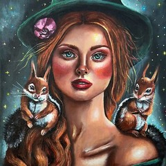 Red-haired woman original painting, Red squirrel painting, Whimsical witchy art