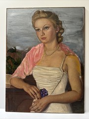 Antique Painting Portrait Women Pretty Woman Female Model Mid Century Large Oil