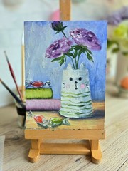 Vase cat oil painting 15×20 cm plants flowers painting on cardboard