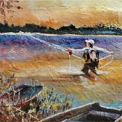 YARY DLUHOS Fly Fishing Anglers Sunset Lake Landscape Original Art Oil Painting