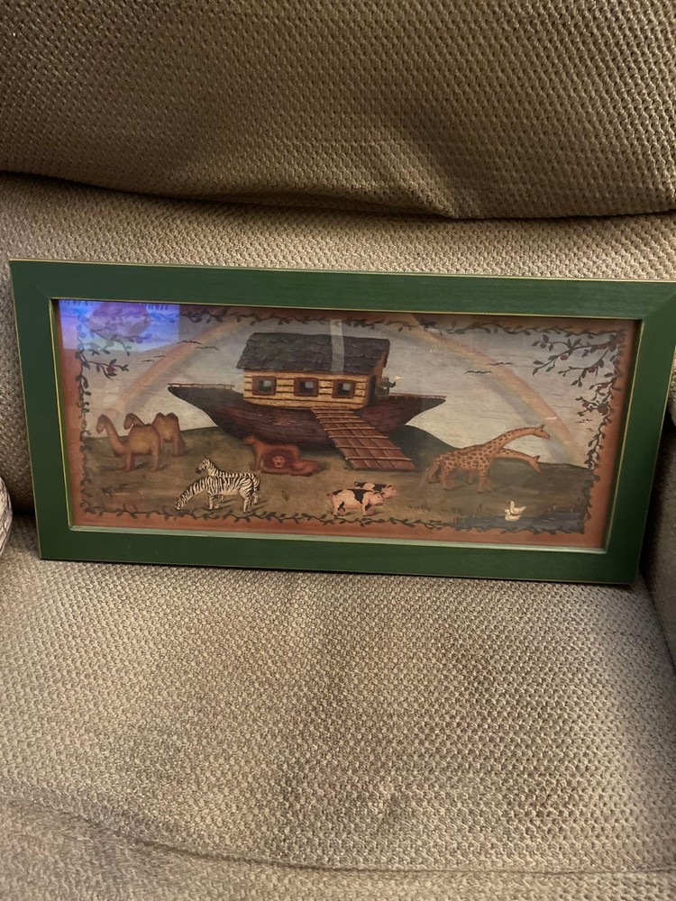 framed artwork – Noah’s Ark painting – green wood border approx 24 x 12