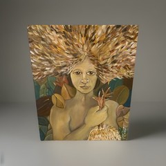 Vntg Folk Art Portrait Woman Holding Chicken Legs 23” X 18” Acrylic On Wood
