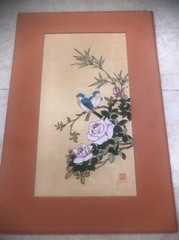 P.Chan Botanical/Bird on Silk Watercolor Art