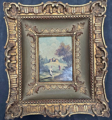 Vintage Miniature Landscape Oil Painting Figures Cottage Ornate Gilt Wood Frame