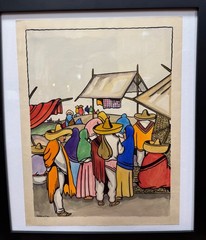 Original Vintage Jorge A Murillo Watercolor Village Market Scene Folk Art 15×13″
