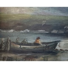 1912 Painting B – Water Boat w Man Stone Bridge Clouds Landscape Low Light 20×10