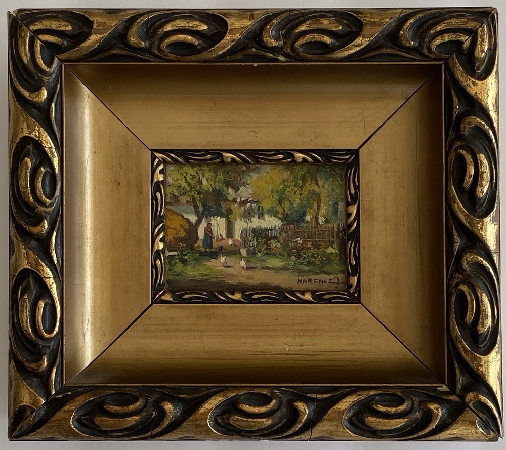 Joseph Harencz ATQ VTG Miniature Impressionism Chicken Genre Landscape Painting