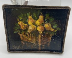 Vintage Mini Pear Still Life – Fruit Basket Miniature Oil Painting -Signed