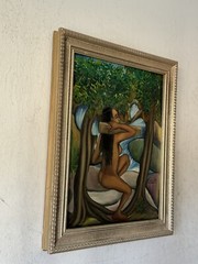 VINTAGE CUBISM LANDSCAPE OIL PAINTING OLD MODERN TROPICAL ISLAND WOMAN 1950s