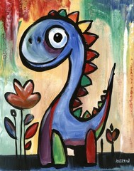 Atherton 11×14 Original Expressionism Dinosaur painting „Cute Dino3“ hand signed