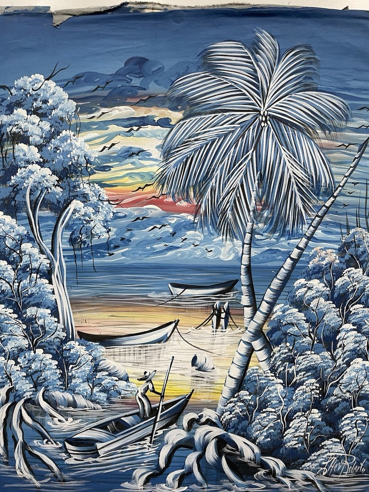 Original Haitian oil hand painting 19.5inx23.5in blue background island jungle
