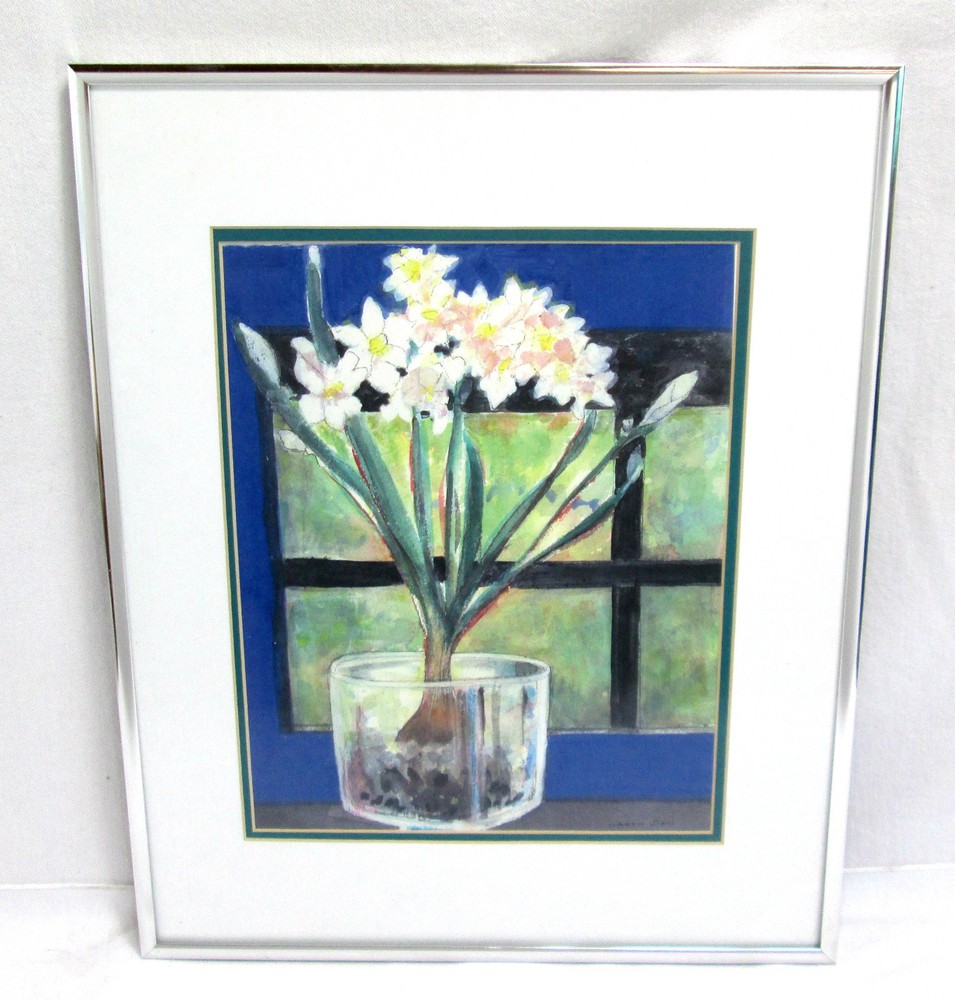 Original Water Color Signed Susan Day „Spring Will Come“ Pink Yellow Iris 20.5″t