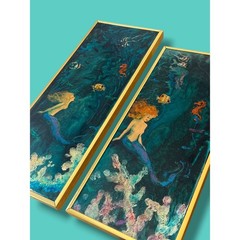 Vintage Set of Mermaid Mixed Media Paintings Framed Pair Coastal Mermaidcore Art