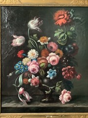 19th – Oil Canvas Painting – Dutch Bouquet of Flowers in a Vase Roses Tulips