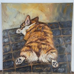 Original Oil Painting Pet Portrait 8×8″, Cute Dog, Corgi
