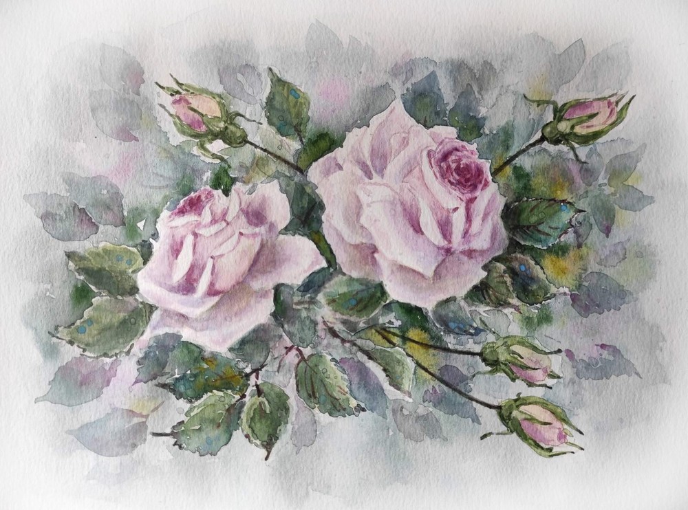 Flowers Delicate Blush BURGUNDY ROSES Original Artwork Modern Painting Floral A4