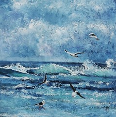 YARY DLUHOS Beach Ocean Sea Seashore Waves Seagulls Original Art Oil Painting
