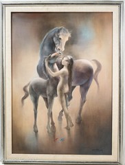 Stunning Mid Century Modernist Painting of Girl and Horses Signed Dietrich, Fine