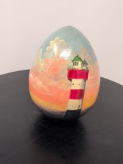 Hand Painted Seascape Ship Lighthouse Nautical Wooden Egg 3.5″h L Signed