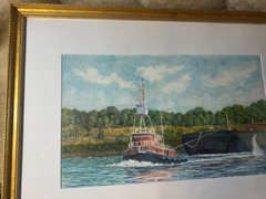 Large John Hutchinson (b1934) „Tug Boat Scene“ Watercolor Painting-Signed/Framed