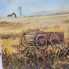 Signed Oil Painting Canvas Rustic Rural Prairie Landscape Weathered Wagon 18×24