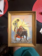 Vintage Mid-Century Matador and Bull Original Framed Oil Painting