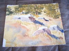 Original Watercolor by Peg Humphreys Boulder on Hill in Summer 13 3/4″ x 11″