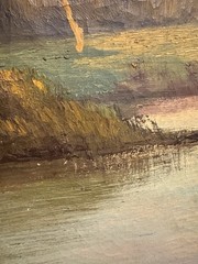Framed Antique Canvas Oil Painting Of A Landscape River Scene Unsigned 23h X 33w