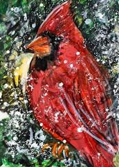 ORIGINAL Male Cardinal Bird ACEO PAINTING Winter Red BIRD Snow Animal Nature ART