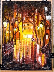 „Rainy glitter“ Oil pastel on paper signed 42×29.5cm