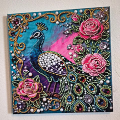 Handmade Peacock and Roses Birds Beaded Embroidery Framed Picture