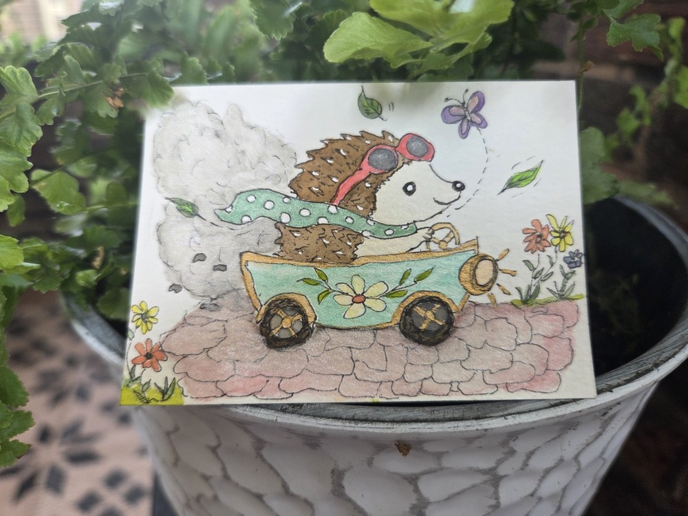 ACEO Original Whimsical Hedgehog Watercolor Art Miniature OOAK 2.5 x 3.5
