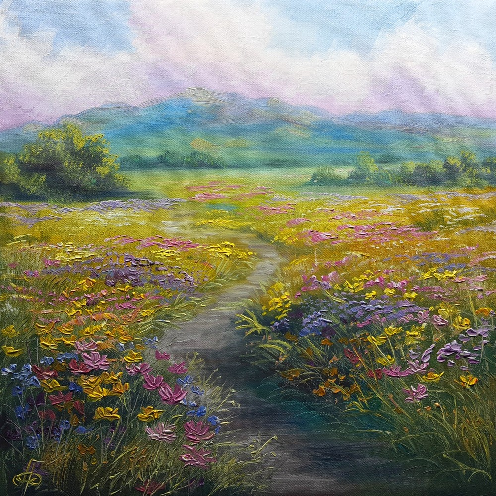 Colorful Wildflower Meadow Landscape Oil Painting Original Wall Art Canvas 10×10