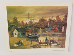 Vintage Painting New England Fishing Village 1979 Litho
