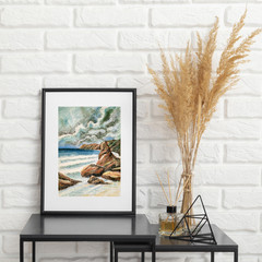 Original Pastel Seascape Artwork Stormy Ocean and Rocky Shore Drawing Coastal