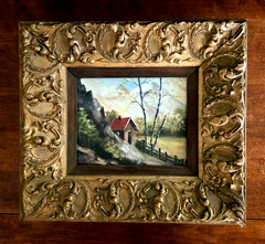 Vintage Landscape Oil Painting in Ornate Gold Frame: 17-1/2″ w 15-3/4 „h-overall