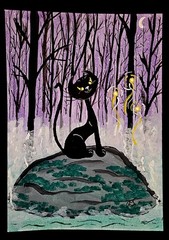 Original OOAK Gouache Painting 5×7 Appalachian Bog Cat With Orbs Tiny Folk Art