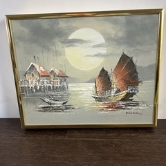 Kwok Chinese Junk Boats original oil painting on canvas Framed