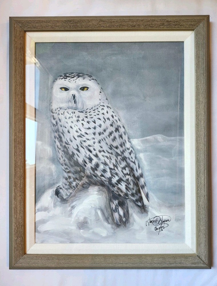 Vintage Original Acrylic Snowy Owl Hand Painting Signed Framed 23″x29″