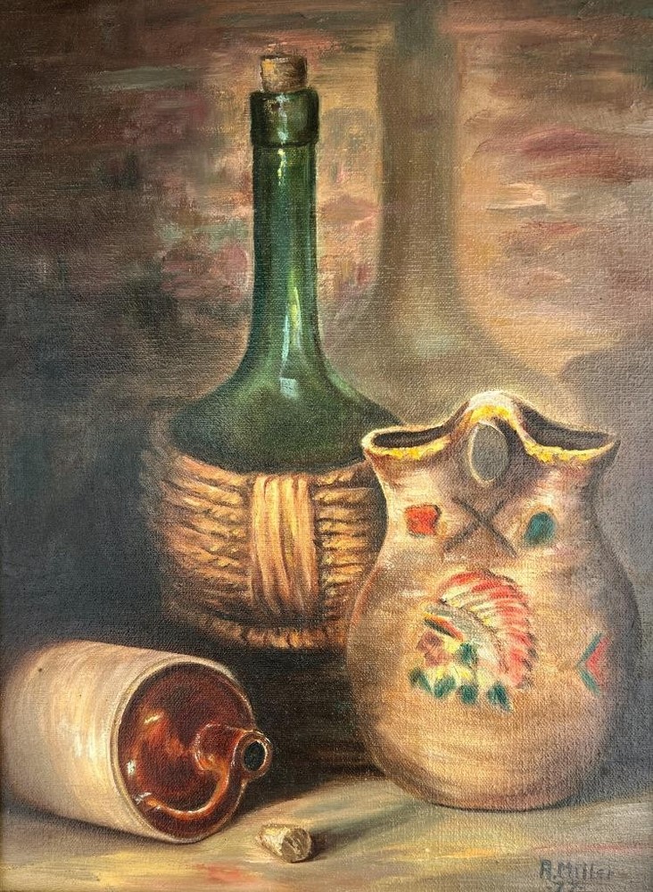 Original Alice Miller Oil Painting Still Life Whiskey Jug Crock & Indian Pottery