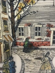 C. Harsha Vintage Victorian Street Store Scene Hand Painted Etching, 16” X 12”