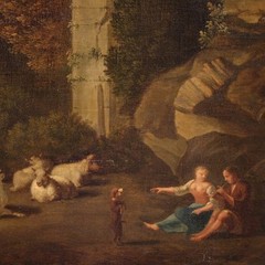 Antique landscape artwork bucolic painting oil canvas ruins 17th century