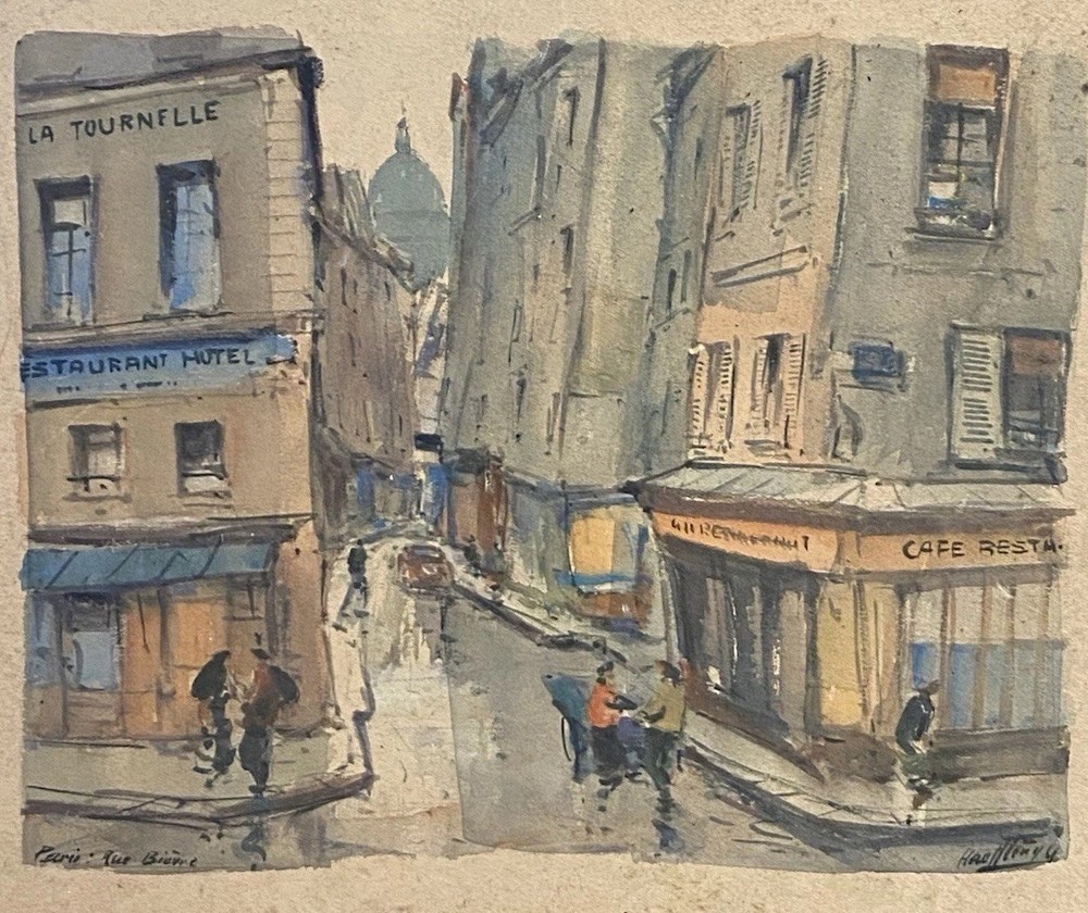Henri Lamy 1966 Paris Watercolor “Rue Bievre” French Street Scene Signed Framed