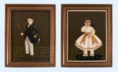 Pair of Agapito Labios Mexican Oil Paintings on board Signed Folk Art Portrait