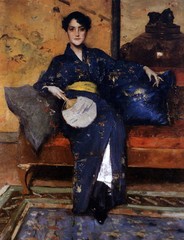 Huge Oil painting William Merritt Chase – The Blue Kimono young woman with fan