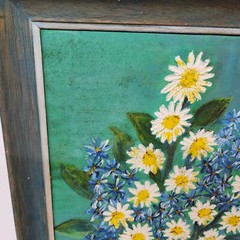 Framed MCM Art Wild Flowers Daisies in Blue Vase Acrylic on Canvas 20.5 x 16.5