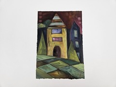 Vtd Oil On Heavy Paper Abstract Painting Artist Signed And Dated Houses On Hill