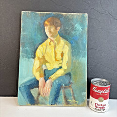 Mid Century Oil Painting Young Man on Canvas Grumbacher Stetcher Impressionist