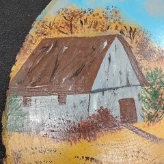 Vintage J. Smith 1988 Hand-Painted 14″ Oval Wood Log Slice Barn Farm Scene