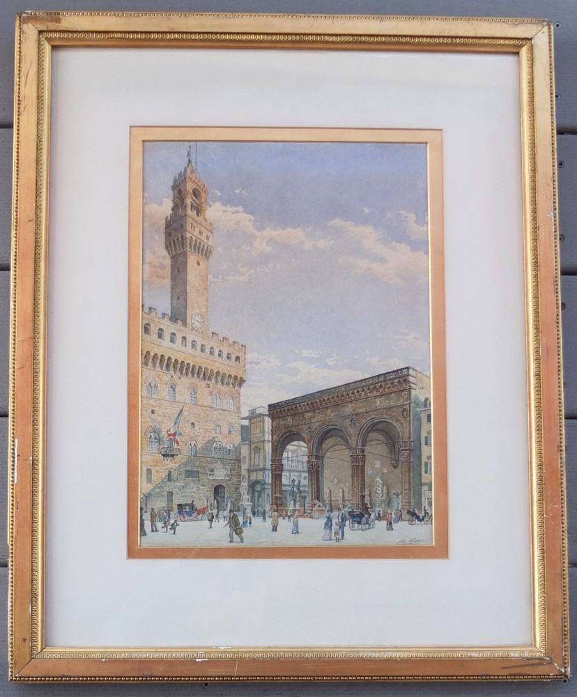 Ricciardo Meacci 1902 Watercolor Painting Piazza Della Signoria Florence, Italy